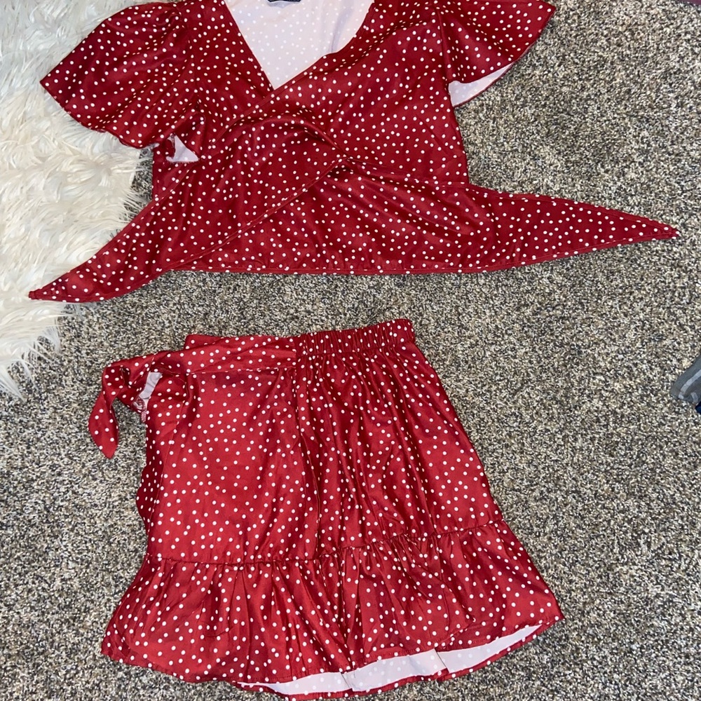 women’s red skirt and top set